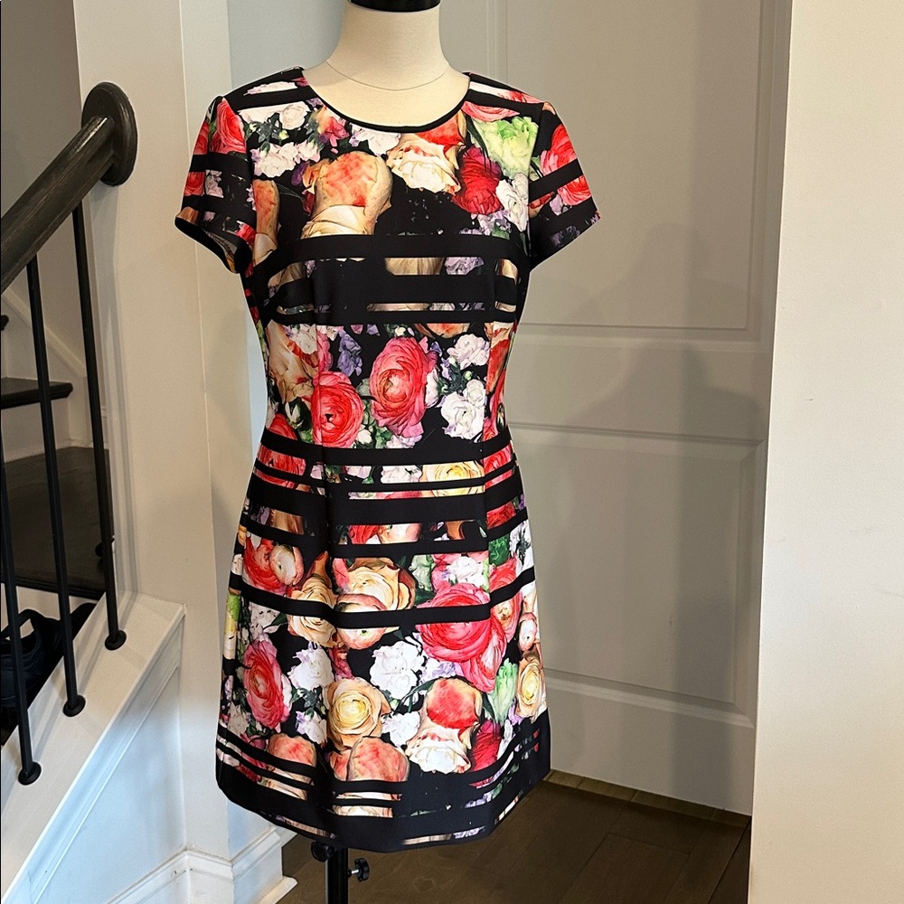 Adrianna Papell Black Striped Botanical SheathDress, Size 12